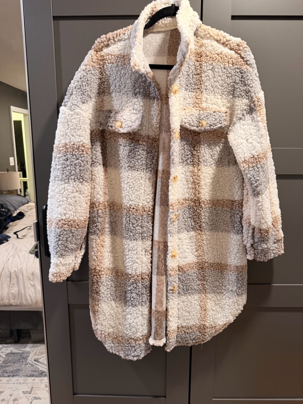 Cozy Plaid Sherpa Shacket in Cream, tan, & Gray